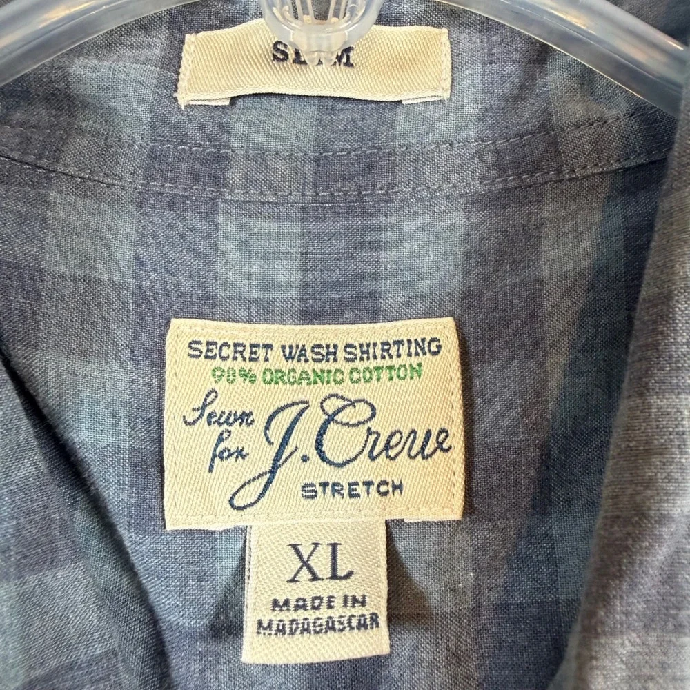 J Crew Slim Mens Blue‎ Buffalo Plaid Button Down Shirt Organic Cotton Stretch XL